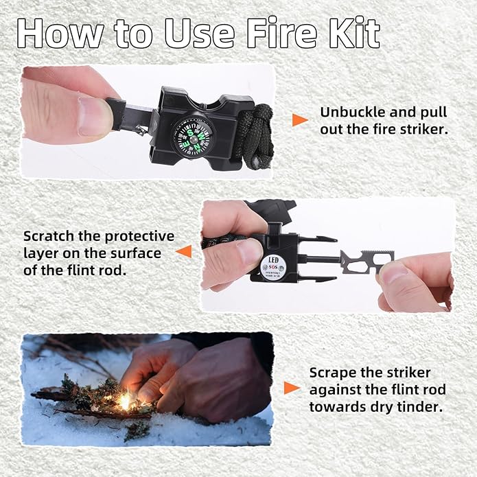 Adjustable Survival Paracord Bracelet, 2 Pack Emergency Fire Starter Kit with Loud Whistle Compass Light Flint Steel for Hiking Fishing Hunting, Tactical Gear Equipment Multitools