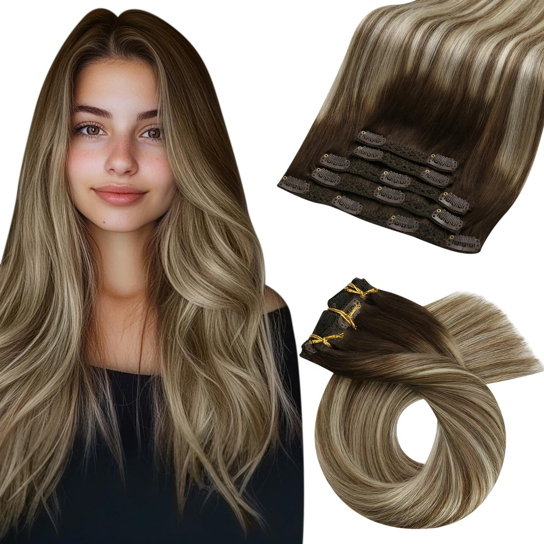 Moresoo Hair Extensions Clip Ins Dark Brown Balayage Clip In Hair Extensions Ombre Medium Brown To Bleach Blonde Natural Human H