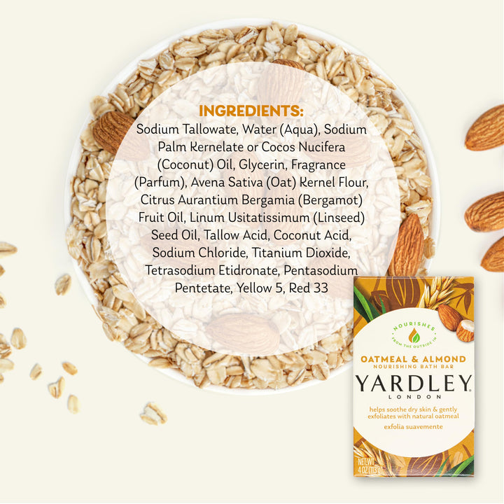 Yardley Oatmeal and Almond Bar Soap, Oatmeal & Almond, 4 Ounce (Pack of 4)