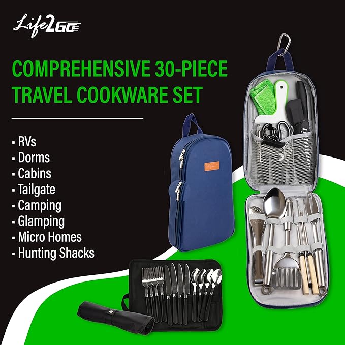 30 Pcs Camp Cooking Utensil Set & Outdoor Kitchen Gear Cookware Kit, Portable Compact Carry Case for Camping, Hiking, Travel, BBQ Grilling Stainless Steel Accessories Spoon & Fork, Navy