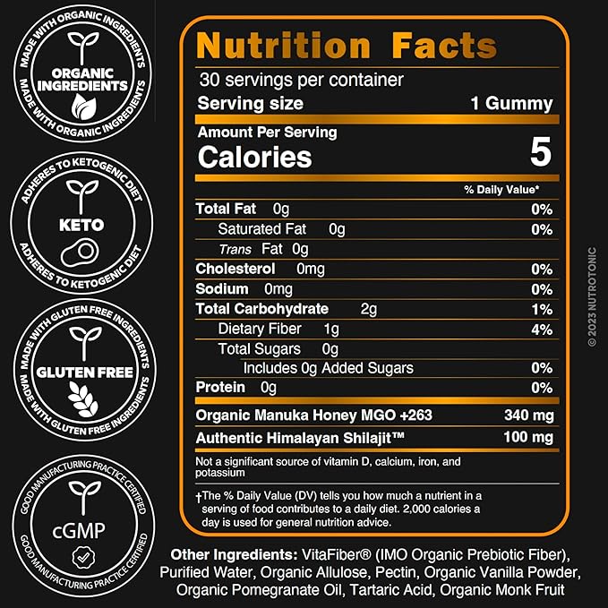 Organic SHILAJIT Gummies by NutroTonic | Organic Pomegrenate Flavor | Cane Sugar Free, Sweetened by Organic Manuka Honey | Clean Formula | Heart & Brain, Cellular Health 30 Healthy Gummies (1)