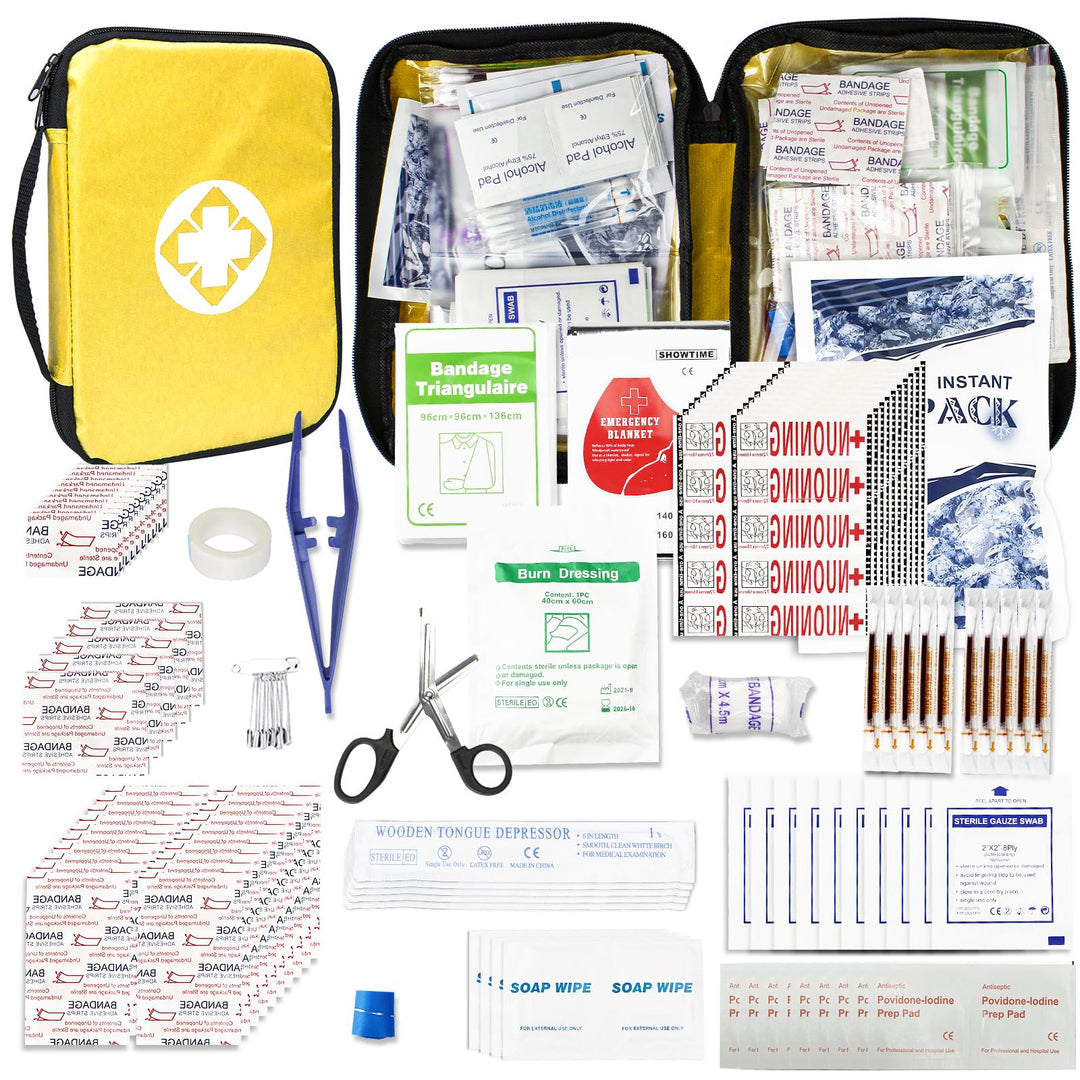 300Piece Small First Aid Kit Refill Supplies for Travel Mini Caming Emergency First Aid Kits Hiking Survival Essential Kit for Outdoor Adventure, Yellow 1st Aid