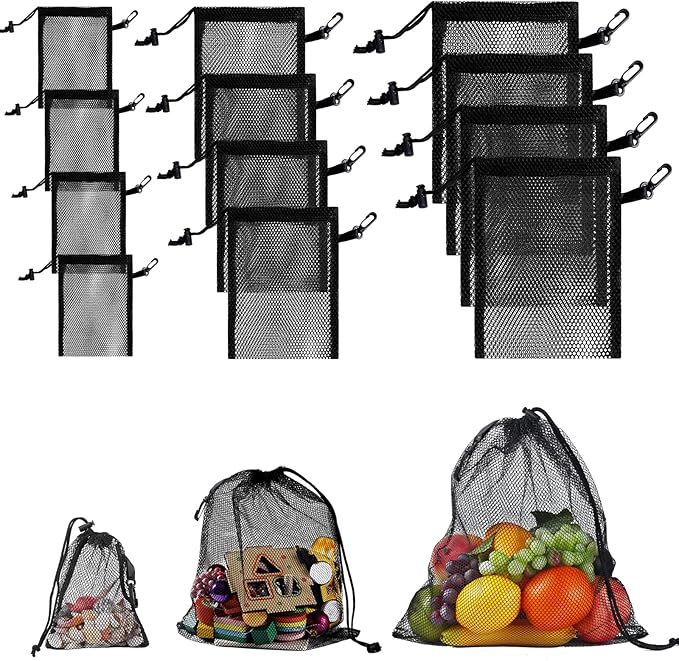iMucci 12 Pieces Black Mesh Drawstring Bag with Clips, Nylon Drawstring Bags Pocket Foldable Beach Bag with Cord Lock for Swimming Collecting Toys Laundry Sports Gym Beach Travel