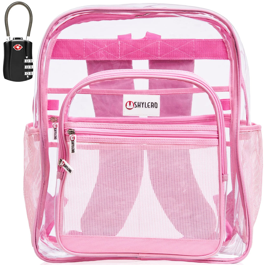 SHYLERO Pink Clear Backpack Heavy Duty has TSA Lock, 2-WAY Zipper. PVC Transparent Backpack Is Extra Large - H18''xW14''xD8