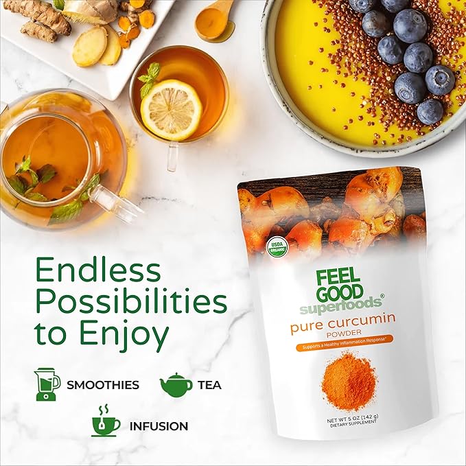 Feelgood Organic Superfoods Pure Curcumin Powder, Organic, Non-GMO, Vegan from Bulk Ground Turmeric Root from India, Curcuma Longa Joint Supplement, 5 oz