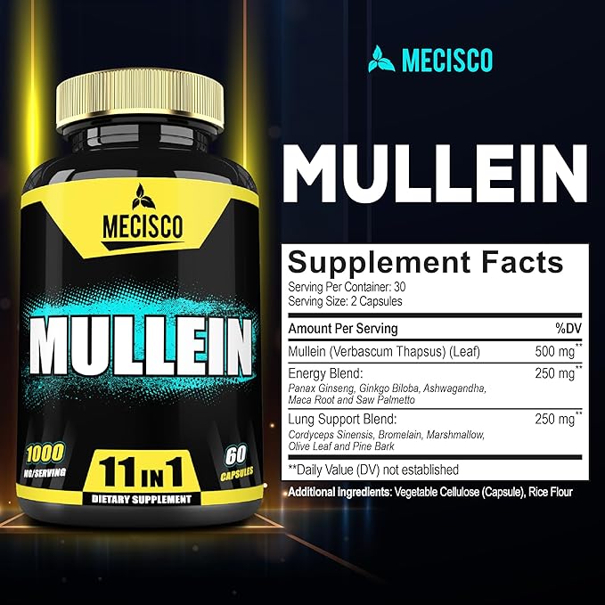 Mullein Leaf Supplement with Panax Ginseng Root, Cordyceps Sinensis & More - 60 Capsules - 11in1 Support Respiratory Health, Immune System, Energy Production, and Ability to Remember