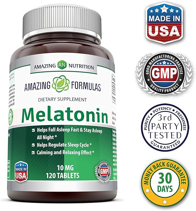 Amazing Formulas Melatonin 10mg Tablets Supplement | Helps Regulate Sleep Cycle | Non GMO | Gluten Free | Made in USA (120 Count | 2 Pack)