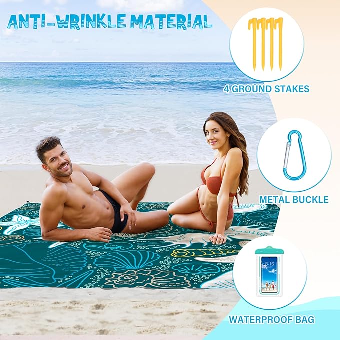 Beach Blanket Waterproof Sandproof 1-7 Adult Oversized 78 '' × 81 '' Lightweight Durable Compact Sand Free Beach Mat for Travel Camping Hiking Picnic Blanket Extra Large