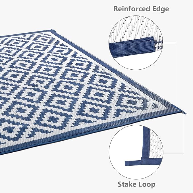 5x8 ft Outdoor Rug Waterproof, Plastic Straw Patio Carpet - UV Resistant Reversible Indoor Outdoor Rugs for Porch, Camping, Poolside, RV, Balcony, Easy to Clean, Blue and White