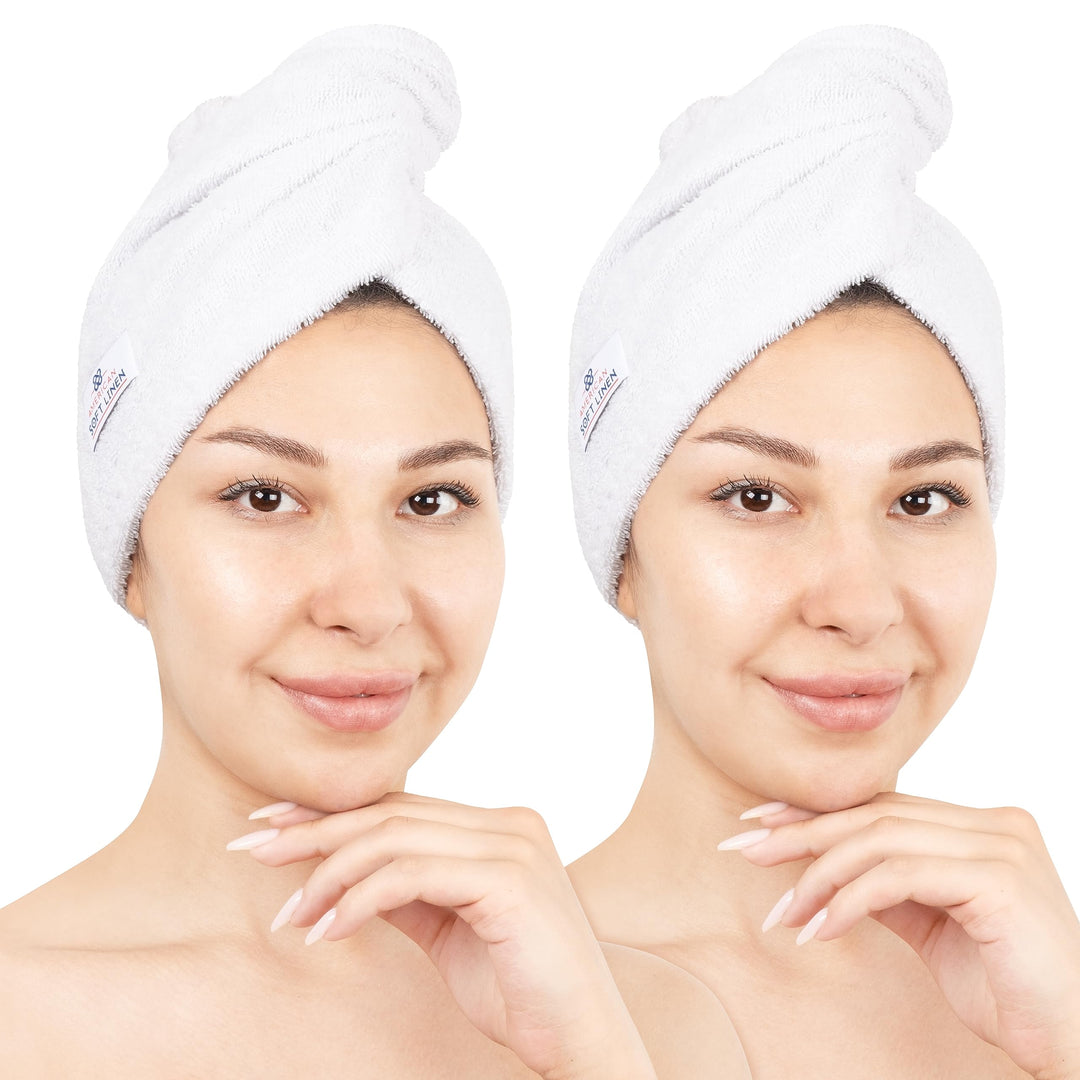American Soft Linen 100% Cotton Hair Towels for Women, Head Towel Cap, Cotton Hair Turban Towel Wrap for Long Curly Anti Frizz Hair, Soft and Absorbent Cotton Hair Towels 2 Pack, White