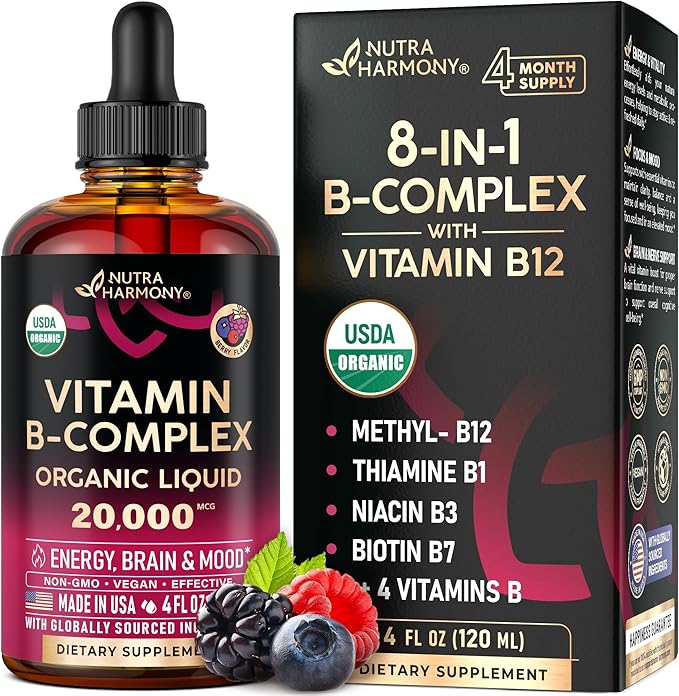 USDA Organic Vitamin B-Complex B5 Pantothenic Acid | B12 Methylcobalamin | B1 Thiamine | B6 Pyridoxine | B7 Biotin | B9 Folic | B3 Niacinamide - B Complex Liquid Drops, Made in USA Supplement, 4fl oz