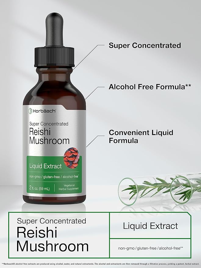 Horbäach Reishi Mushroom Extract Tincture | 2 Fl Oz | Liquid Drops | Ganoderma Lucidum | Vegetarian, Alcohol Free | Non-GMO, Gluten Free Supplement