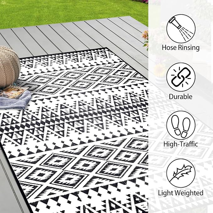 Outdoor Rug Mat for Patio, 8x10ft Waterproof Reversible Plastic Straw Rugs, Camping Carpet Area Mats for RV, Porch, Deck, Backyard, Balcony, Camper, Trailer, Black & White