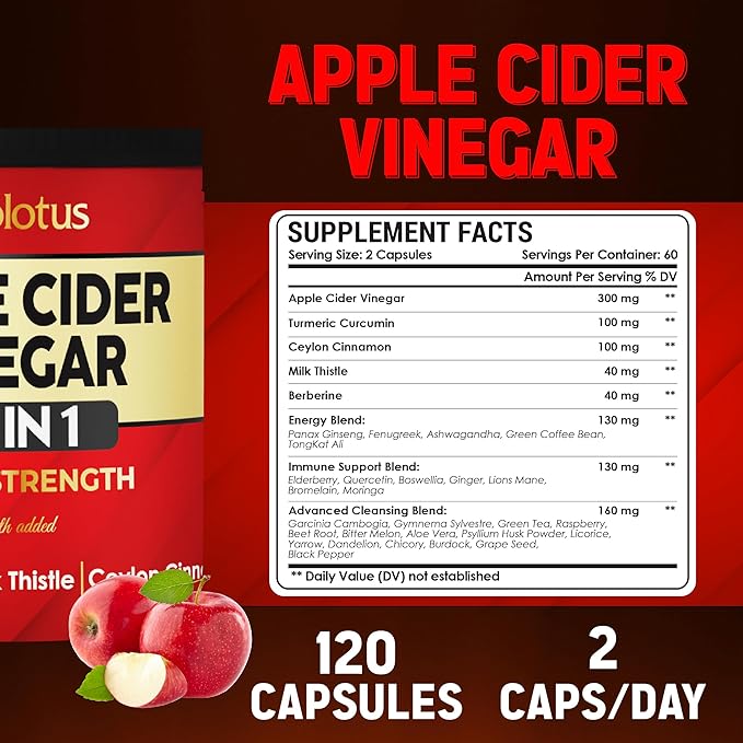 Zolotus 32 in 1 Apple Cider Vinegar Capsules with Turmeric, Cinnamon, Milk Thistle, Elderberry, Quercetin for Support Digestion, Immune 120 Capsules