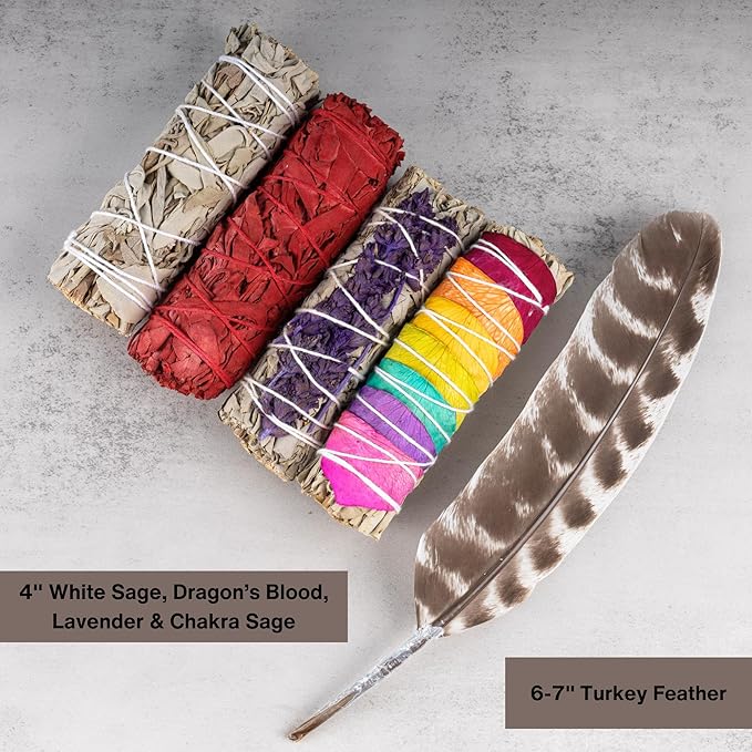 4 pc Sage Smudge Sticks with White Sage, Dragons Blood, Chakra Sage, Lavender Sage, Turkey Feather, & Smudging Guide – Home Cleansing, Energy Healing, Meditation, Reiki, & Clearing Negative Energy