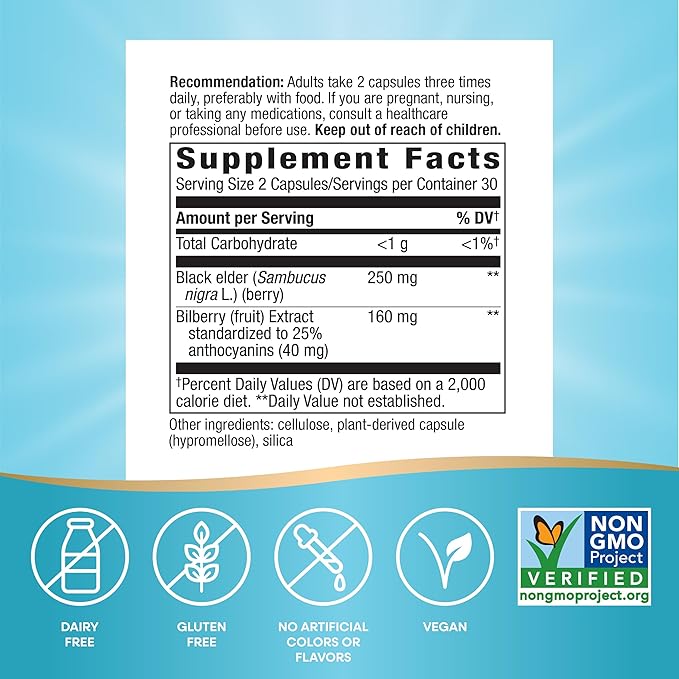 Nature's Way Bilberry Premium Extract, Supports Eye Health*, Eye Health Supplement for Adults with Black Elderberry*, Gluten Free, Vegan, 60 Capsules (Packaging May Vary)