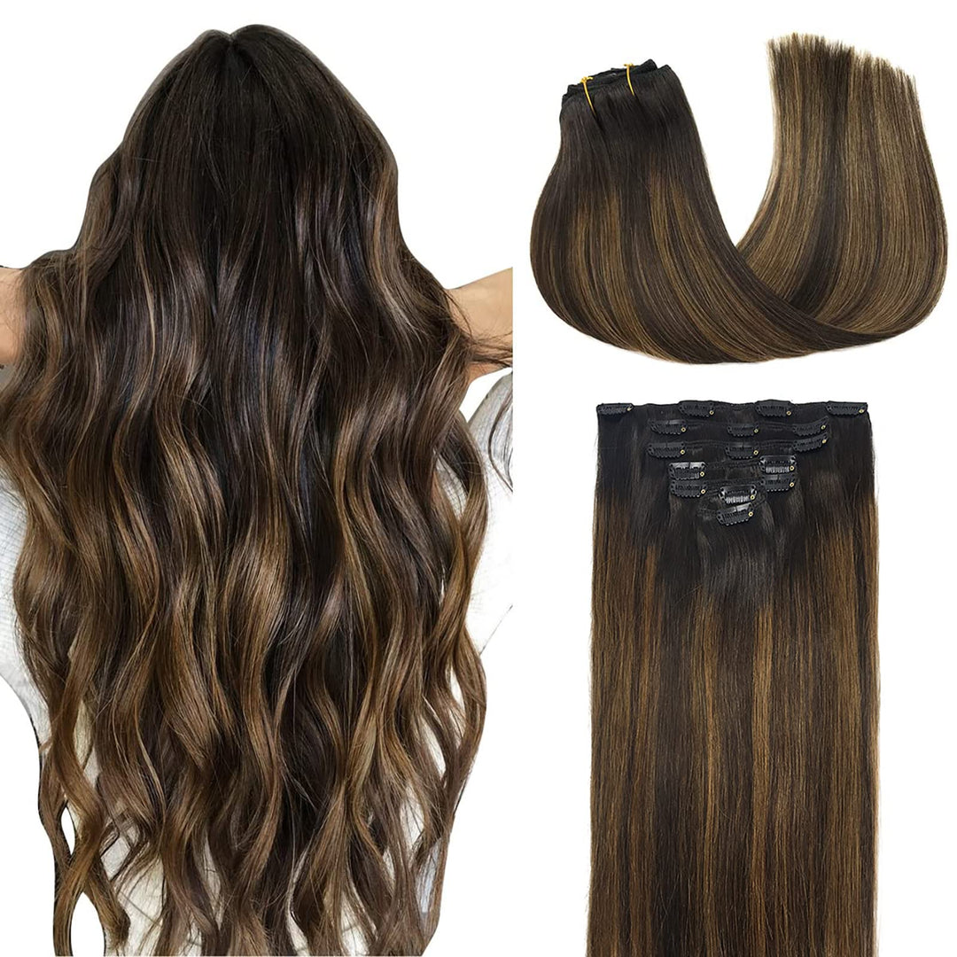 Doores Clip In Hair Extensions Balayage Dark Brown To Chestnut Brown 120G 7Pcs 16 Inch Remy Human Hair Extensions Clip In Real H