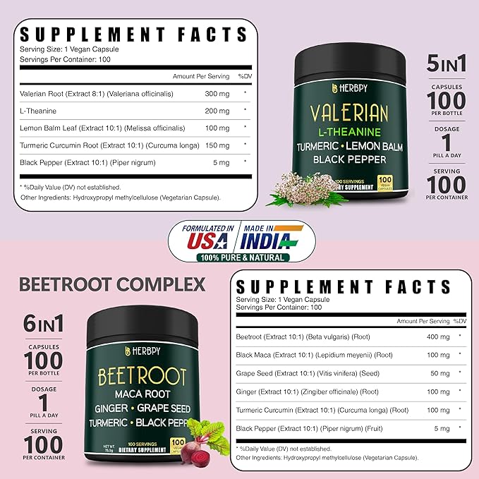 Bundle 5in1 Valerian Root Supplement & 6in1 Beet Root Capsules - Support Restful Night, Heart Health, Digestive and Immune