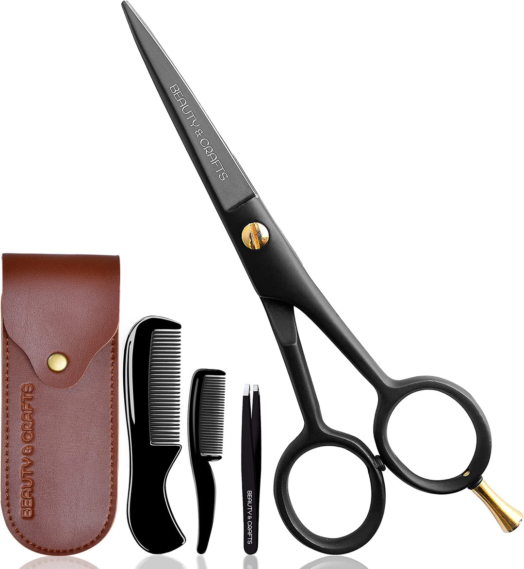 5'' Professional German Beard Scissors For Men- 2 Mustache Combs For Facial Hair With Beautiful Pouch & Tweezer - Mustache Sciss