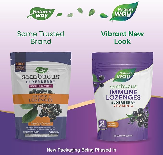 Nature’s Way Sambucus Immune Lozenges, High Potency Vitamin C, Elderberry, 24 Tropical Flavored Lozenges (Packaging May Vary)