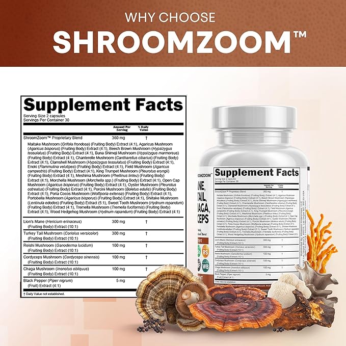 Clean Nutraceuticals Lions Mane 20in1 Mushroom Supplement with Turkey Tail Reishi Cordyceps Chaga Maitake Meshima Poria Cocos Shiitake Oyster Porcini Enoki - Pack