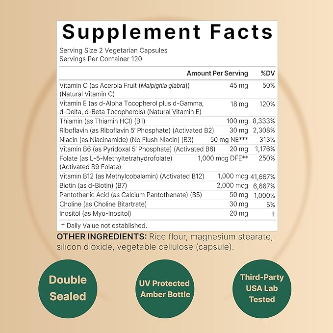 Methylated B Complex Vitamins, 240 Veggie Capsules | Multivitamin B Complex | B12, Folate, Biotin & More – with Natural Vitamin C, E, Choline & Inositol – Immune, Energy, & Prenatal Support