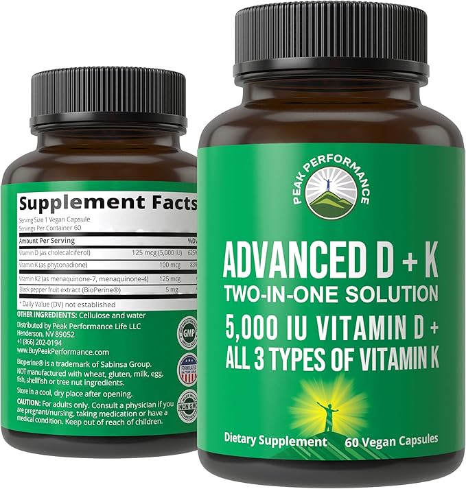 Peak Performance Advanced Vitamin D 5000 IU with All 3 Types of Vitamin K Vitamin D3 and Vitamin K2, K1, MK-7 (MK7), MK4 Supplement. 60 Small and Easy to Swallow Vegetable Pills (5000 IU)
