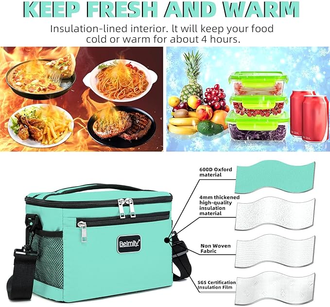 BEIMILY Lunch Box for Men/Women,Small Insulated Lunch Bag,Reusable LunchBox for work Picnic Beach,Leakproof Soft Cooler Tote Bag Organizer with Adjustable Shoulder Strap for Adults(Light Blue Green)