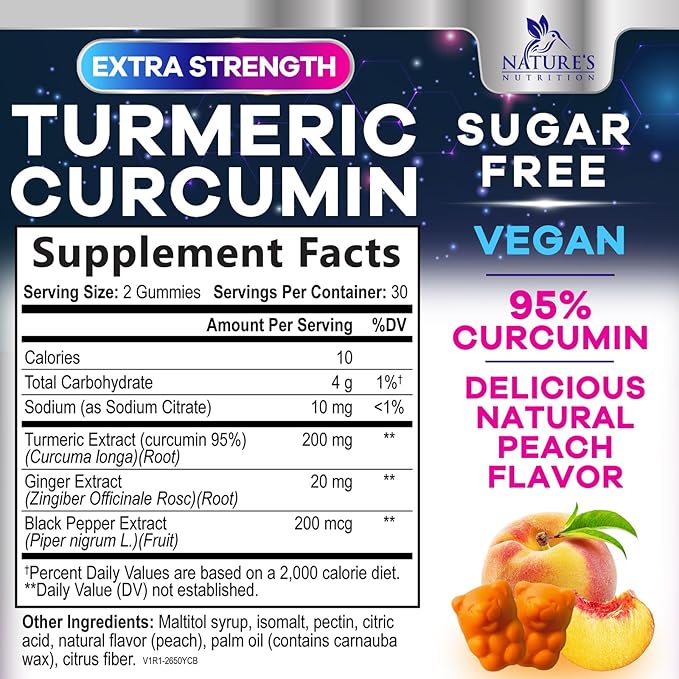 Turmeric Supplement Gummies Sugar Free - Turmeric Curcumin and Ginger Gummies with Black Pepper Extract for High Absorption, Curcumin Gummy for Joint Support, Non-GMO, Gluten Free, 60 Turmeric Gummies