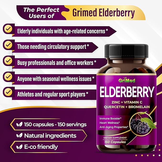 GriMed Elderberry 21,900mg - X15 Power with Zinc, Vitamin C, Quercetin, Bromelain - Immune Booster, Anti-Aging Properties - Made in USA (150 Count (Pack of 1))