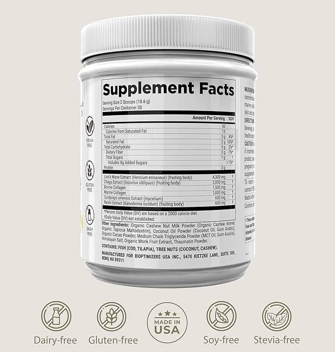 BiOptimizers Mushroom Coffee Alternative – Chocolate Drink – Lion’s Mane, Chaga, Reishi + Collagen Peptides for Focus, Energy & Gut Health – Adaptogenic Mushrooms & MCT Powder – 30 Servings