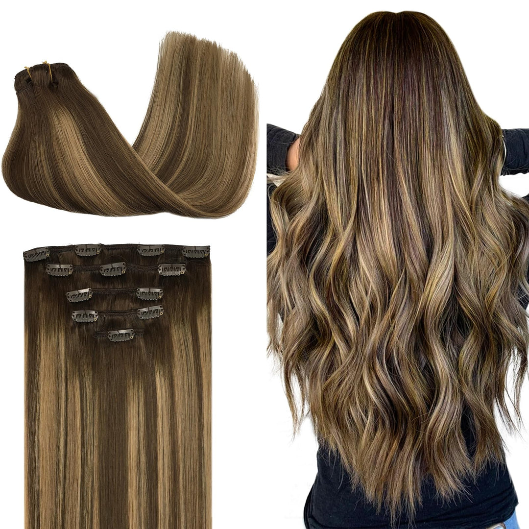 Doores Clip In Human Hair Extensions, 5Pcs 85G 22 Inch Balayage Chocolate Brown To Caramel Blonde Hair Extensions Clip In Silky