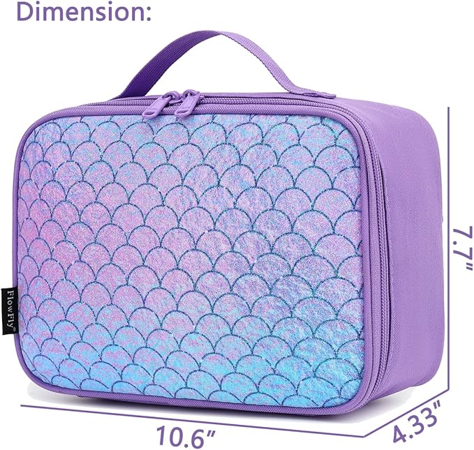 FlowFly Kids Lunch box Insulated Soft Bag Mini Cooler Back to School Thermal Meal Tote Kit for Girls, Boys,Glitter-Purple