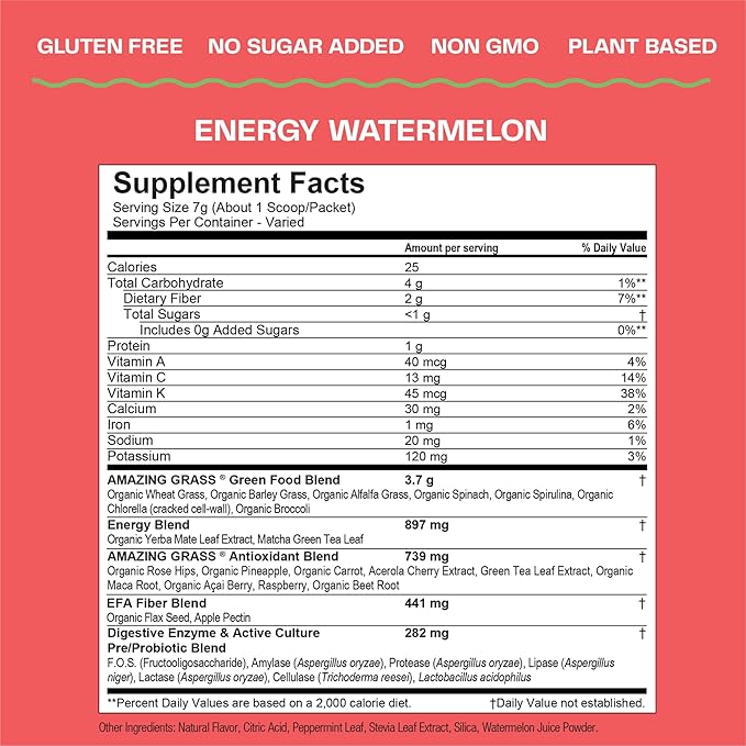Amazing Grass Greens Blend Energy: Smoothie Mix, Super Greens Powder & Plant Based Caffeine with Matcha Green Tea & Beet Root Powder, Watermelon, 30 Servings (Packaging May Vary)
