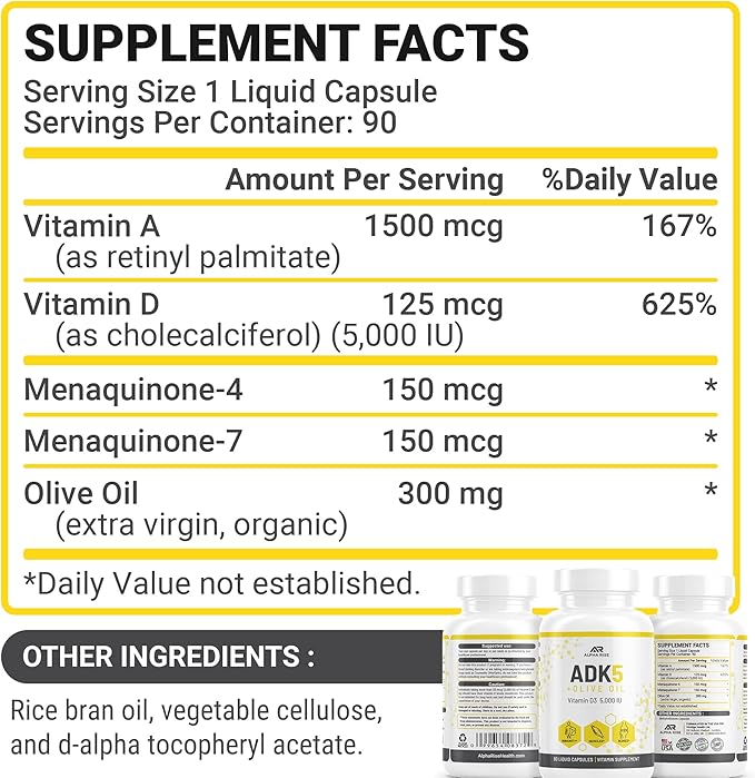 ADK Vitamin Supplement + Olive Oil for Better Absorption | ADK 5 Supplement with Vitamin A D and K | 5000 iu of Vitamin D3 + K2 (MK7+MK4) | 90 Liquid Capsules | Vegetarian | Non-GMO