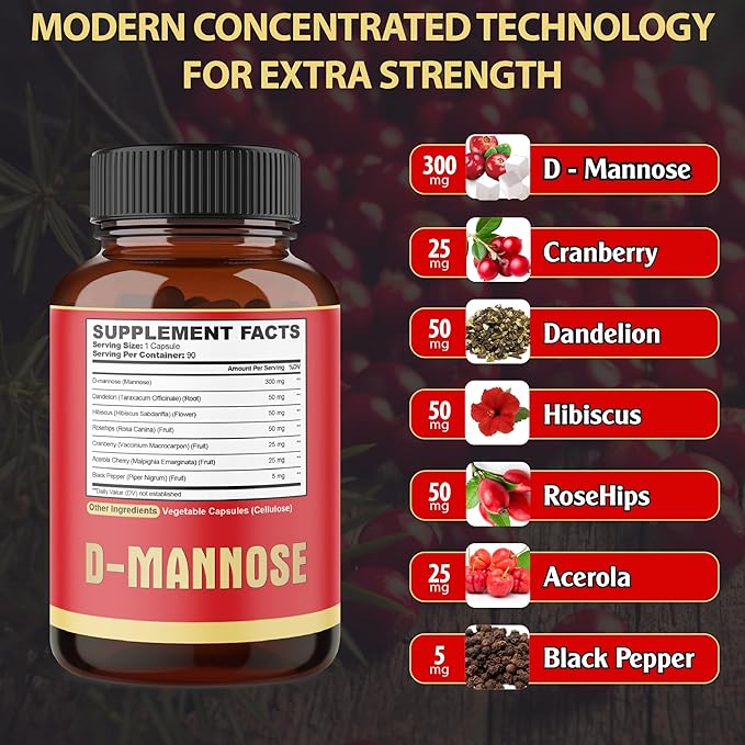 D-Mannose Capsules - 7 Herbs with Cranberry, Dandelion, Hibiscus and More - Support Flush Impurities and Urinary Tract Health - 90 Vegan Capsules 3-Month Supply