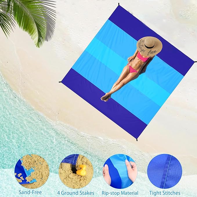 Beach Blanket Sandproof Extra Large Beach Mat Adults Waterproof Quick Drying,Big & Compact Sand Free Mat,Lightweight & Durable with 4 Stakes for Travel Camping Hiking Picnic (Bule-Mixed)