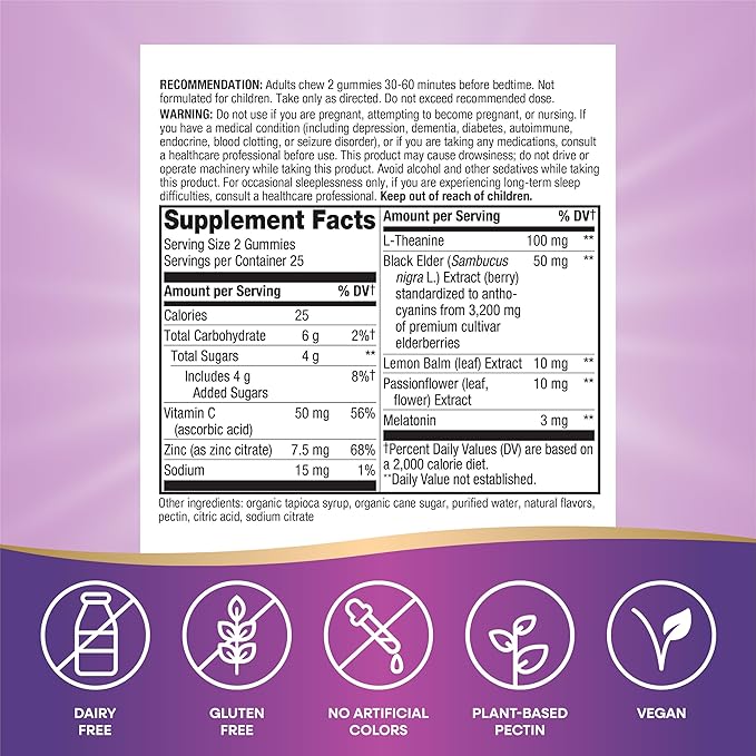 Nature’s Way Sambucus Sleep + Immune* Elderberry Gummies, Sleep and Immune Support*, With Melatonin, Vitamin C, L-Theanine, Zinc, 50 Gummies (Packaging May Vary)