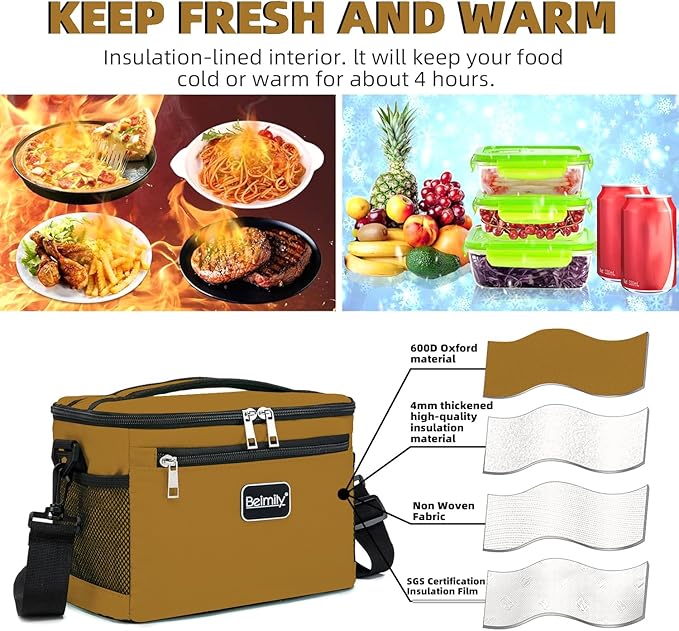 BEIMILY Lunch Box for Men/Women,Small Insulated Lunch Bag,Reusable LunchBox for work Picnic Hiking Beach,Leakproof Soft Cooler Tote Bag Organizer with Adjustable Shoulder Strap for Adults(Brown)