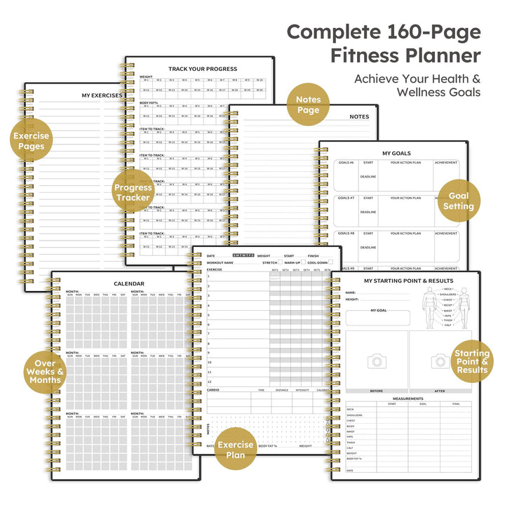Fitness Workout Journal for Women & Men, A5(5.5" x 8.2") Workout Log Book Planner for Tracking, Progress, and Achieving Your Wellness Goals - Black(New)