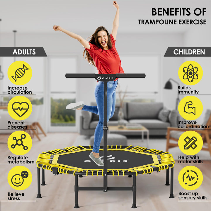 CLORIS 38in/40in/48in Folding Trampoline Mini Rebounder Fitness Trampoline with Adjustable Foam Handle for Kids/Adult, with safty Padded Cover Best Gift for Kids/Adult (Yellow)… (48in-Yellow)
