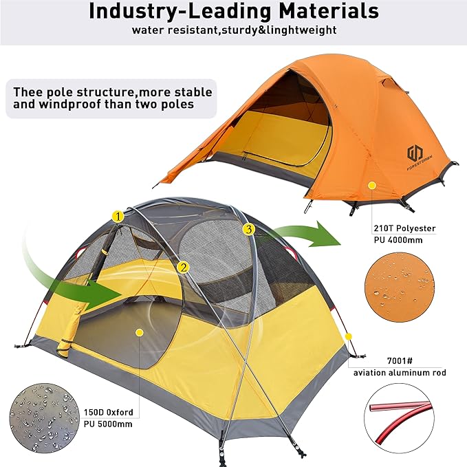 2 Person Camping Tent with 3 Aluminum Alloy Poles, 4 or 3 Season Waterproof Tent, Double Layer,Easy Setup, 2 Doors for Outdoor Hiking,Mountaineering,Survival,Travel
