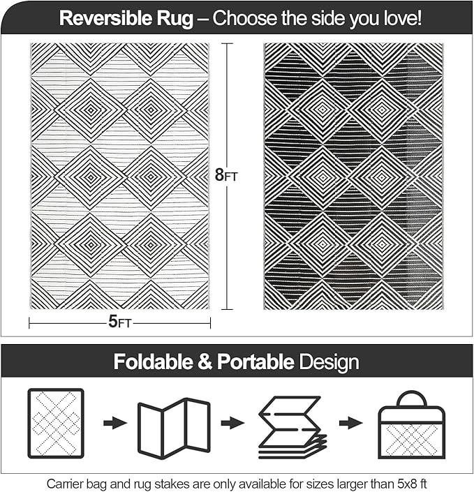 Waterproof Outdoor Rug 5x8ft, Foldable Reversible Plastic Straw Mat for Patio RV Deck Porch Backyard Balcony Camping Picnic Beach Indoor Outdoor Carpet, Black&White