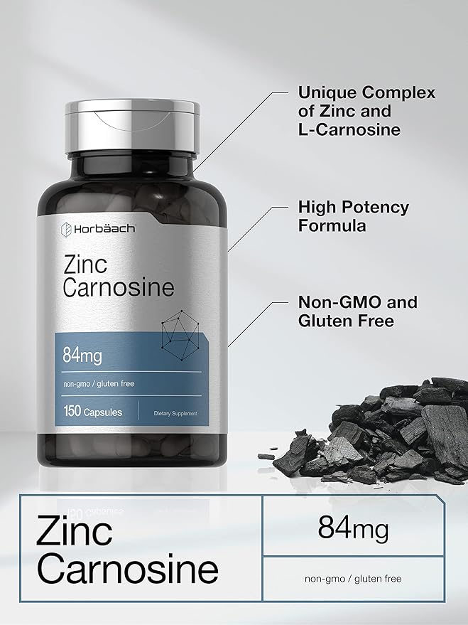 Horbäach Zinc Carnosine Supplement | 84mg per Capsule | 150 Count | Non-GMO & Gluten Free