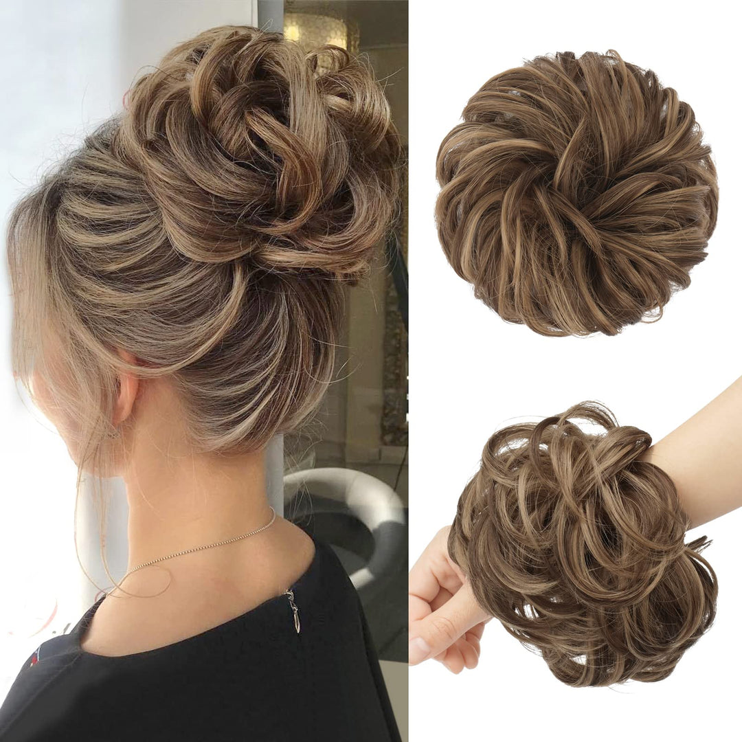 FESHFEN Messy Bun Hair Piece - Large Wavy Curly Elastic Hair Bun Scrunchies Ponytail Extensions Synthetic Chignon Hairpieces for Women, Light Ash Brown Mixed Golden Brown 1.94oz