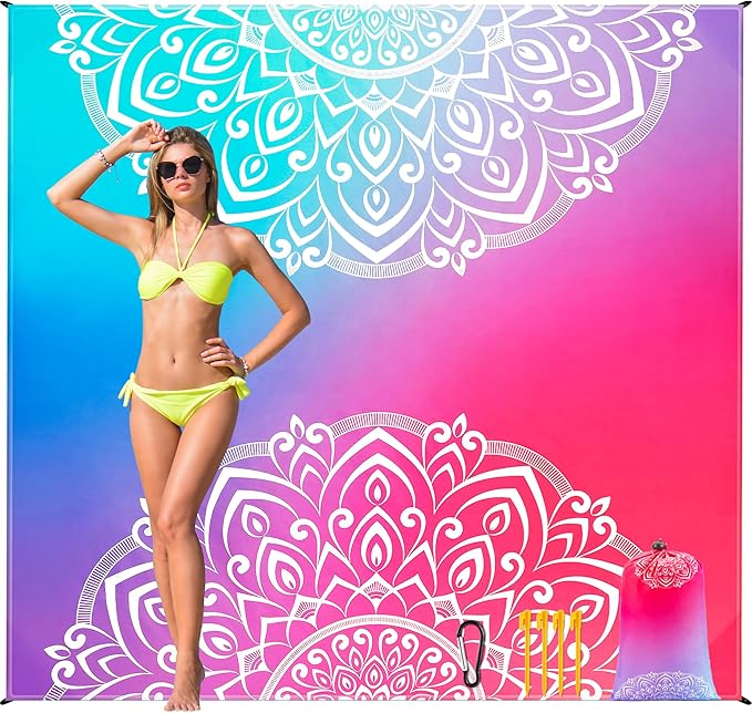 Beach Blanket, Wateresistant Sandproof Sand Free Beach Mat with Corner Pockets Portable Bag for Beach Festival,Picnic,Travel and Outdoor Camping Activties (Gradiant-Mandarin)