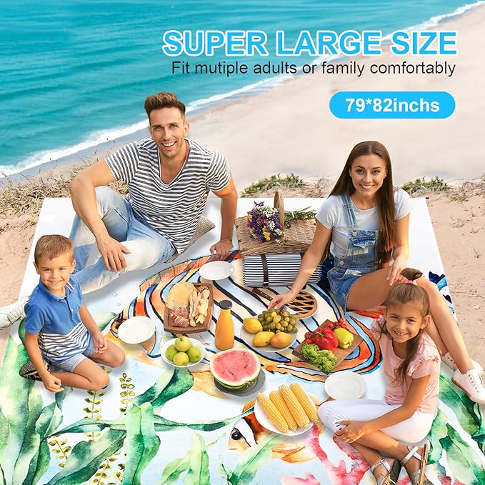 Beach Blanket, Sandproof Beach Mat 79" X 82" for 4-7 Adults, Large Waterproof Beach Blanket Quick Drying Lightweight Beach Blanket with 4 Stakes for Travel Camping Hiking (Deep Sea)