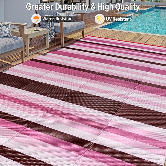 Outdoor Waterproof Rug 8'x10' Plastic Straw Rugs Washable Reversible Floor Mat Pink Stripe Carpet for Camping RV Deck Entryance Porch Picnic Balcony Beach Backyard