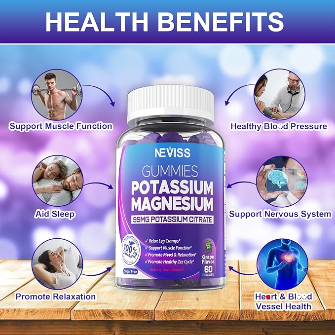 Potassium Magnesium Gummies - Potassium Supplement w/Ashwagandha 200mg, High Absorption Magnesium Glycinate,B6,B12,P-otassium Citrate for Leg Cramps,Muscle,Electroyte for Adults Kids,Sugar-Free,2Pack