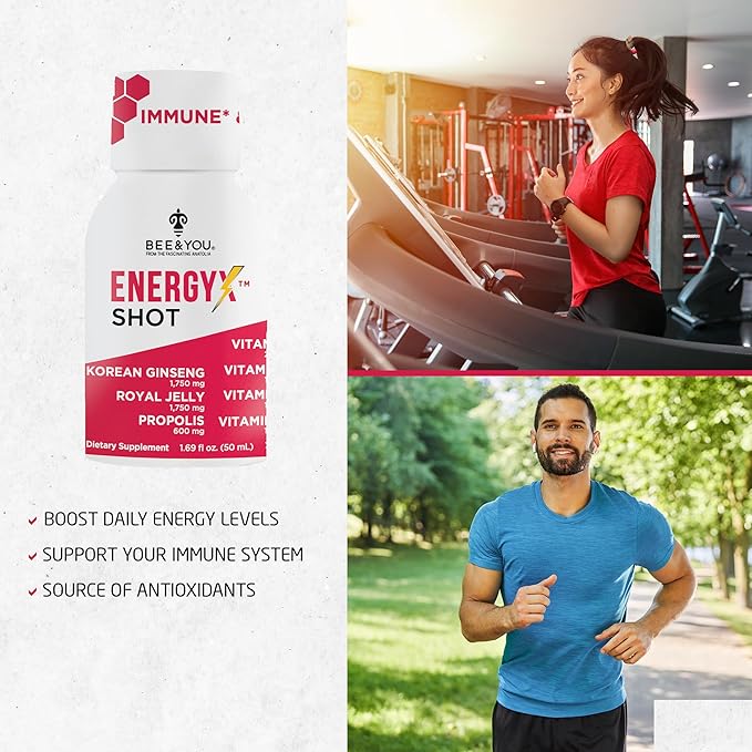 Bee and You Energy X Shot, 12 Pack, Korean Red Ginseng, Royal Jelly, Propolis, Caffeine Free Energy Drink, Vitamin C, B3, B6, B12, Immune Support Supplement, Antioxidants, Pomegranate Flavor